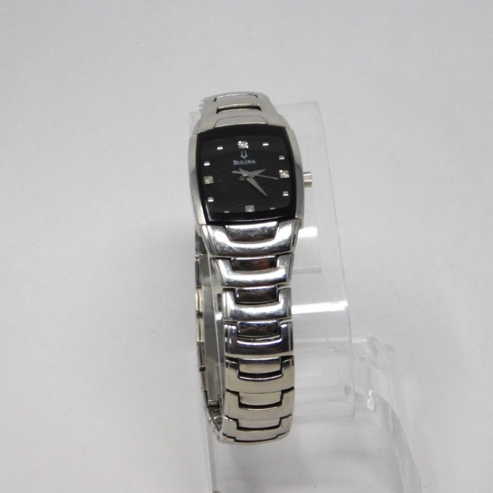 Bulova Womens Watch 96P15 Black Dial Stainless Steel Diamonds Ladies Silver 6.5"